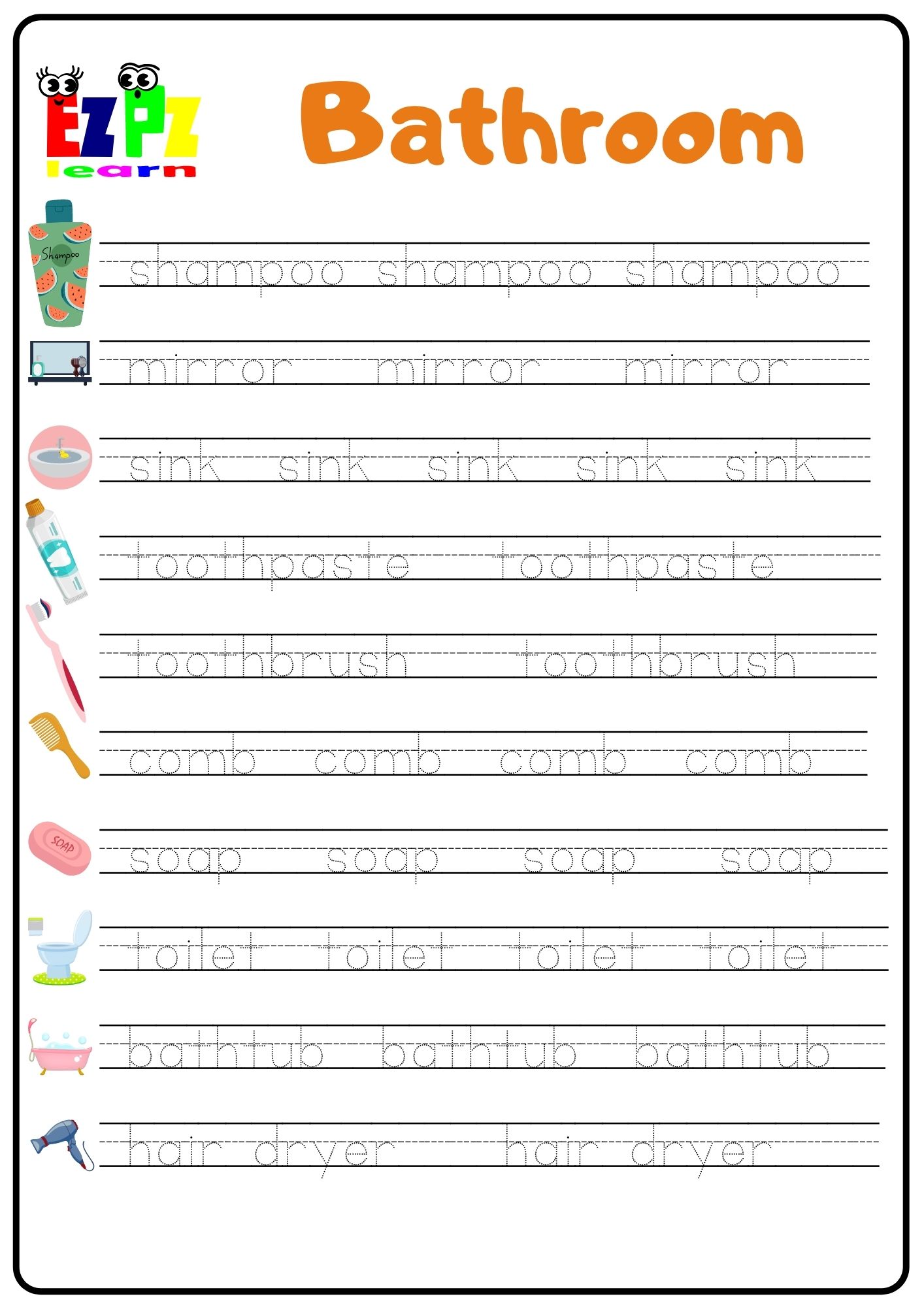 Bathroom Word Tracing Worksheet